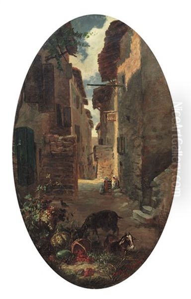 Scorcio Di Vicolo Con Figure E Natura Morta Oil Painting by Adolphe Louis (Napolean) Castex-Degrange