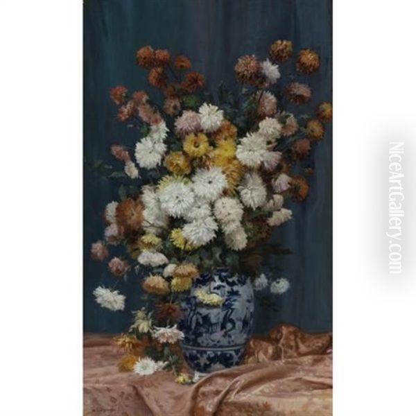 Mums In A Porcelain Vase Oil Painting by Adolphe Louis (Napolean) Castex-Degrange