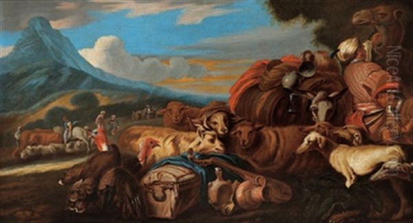 Greggi Di Pecore Con Pastori, Cani, Cavallo E Cammello Oil Painting by Francesco Castiglione