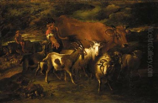 An Extensive Landscape With A Young Nietherd With His Livestock Oil Painting by Francesco Castiglione