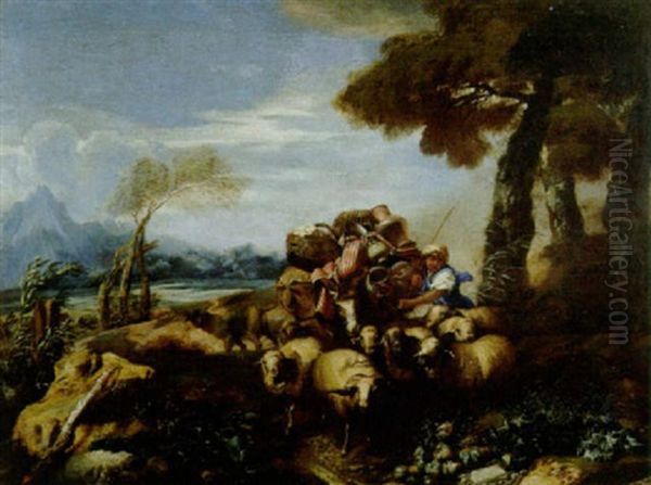 Pastore Con Armenti, (il Viaggio Di Giacobbe?) Oil Painting by Francesco Castiglione