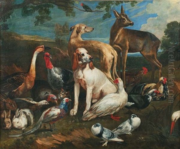 Chien Et Chevreuil Entoures D'animaux De Basse-cour Oil Painting by Giovanni Benedetto Castiglione