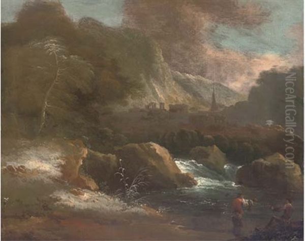 A Mountainous Landscape With Anglers By A Waterfall Oil Painting by Giovanni Benedetto Castiglione