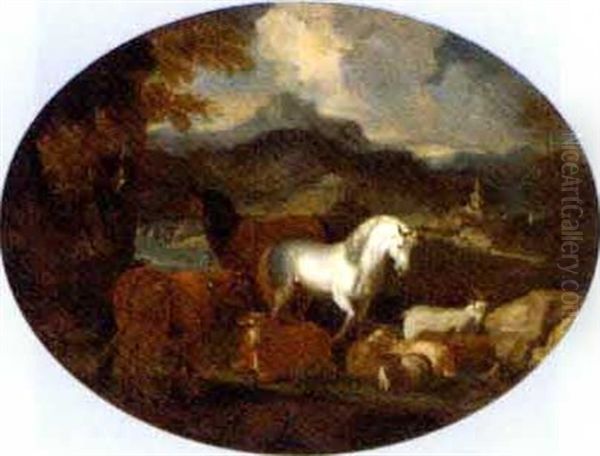 Horses, Cattle, Goats And Rams By A Lake In A Mountainous Landscape Oil Painting by Giovanni Benedetto Castiglione