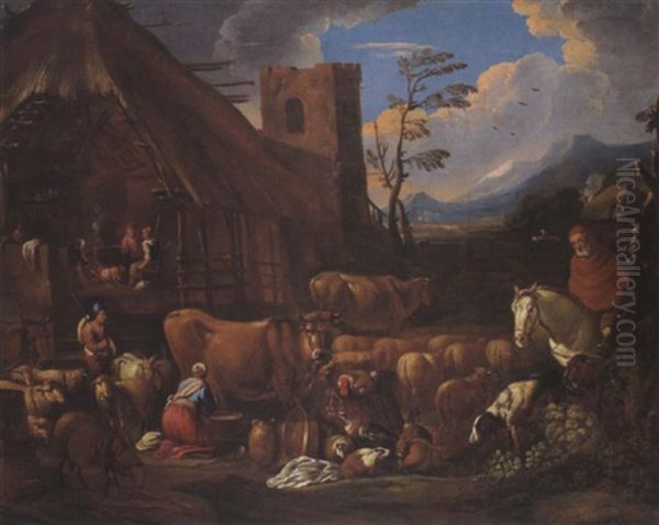 Hirten Mit Ihrer Herde Vor Einem Bauernhaus Oil Painting by Giovanni Benedetto Castiglione