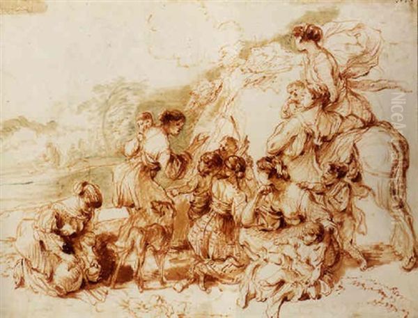 Une Scene De Transhumance: Femme Et Enfants Avec Un Chien Dans Un Paysage Oil Painting by Giovanni Benedetto Castiglione