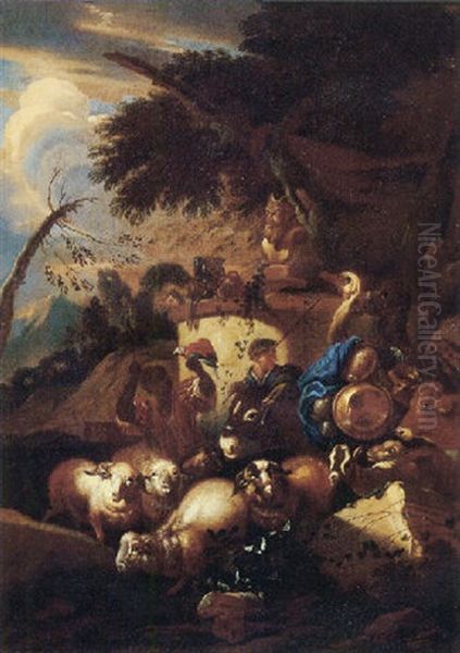 A Muleteer With Sheep, Goats, A Cow, An Ostrich And A Camel By A Statue Of Pan In An Italianate Landscape Oil Painting by Giovanni Benedetto Castiglione