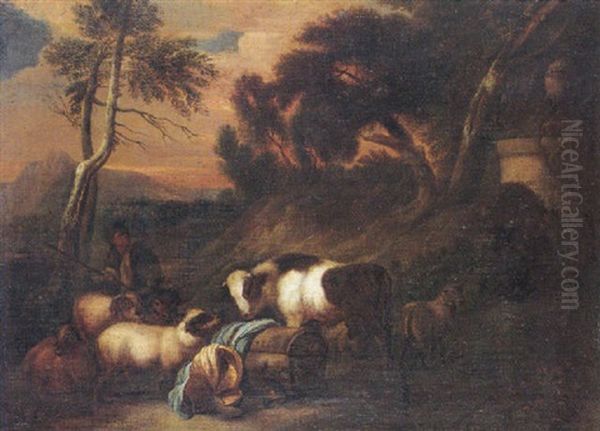 A Wooded Landscape With A Drover And His Animals Oil Painting by Giovanni Benedetto Castiglione