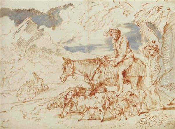 Shepherds Leading Their Flocks To Water Oil Painting by Giovanni Benedetto Castiglione