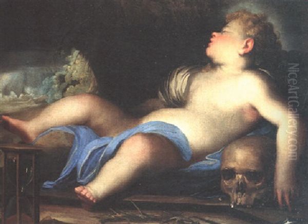 A Vanitas: Cupid Sleeping Beside An Hourglass, Crown Of Thorns And Skull Oil Painting by Giovanni Benedetto Castiglione