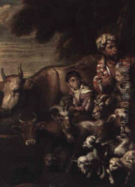 Peasants With A Herd Of Cattle, Goats And Sheep Oil Painting by Giovanni Benedetto Castiglione