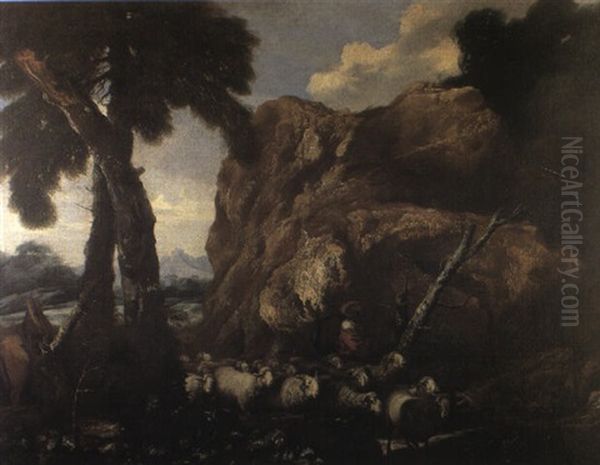 Paysage Boise Avec Un Berger Et Son Troupeau Au Pied D'un Rocher Oil Painting by Giovanni Benedetto Castiglione