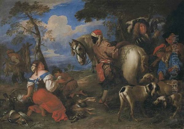 Rest During The Falcon Hunt Oil Painting by Giovanni Francesco Castiglione