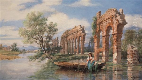 Paesaggio Con Rovine E Ragazza Oil Painting by Giuseppe Castiglione