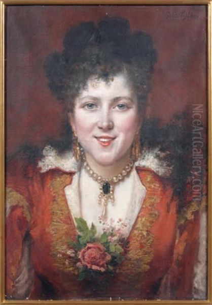 Portrait De Femme Aux Yeux Gris Bleus, Dans Une Robe Rouge, Un Pendentif A Son Cou Oil Painting by Giuseppe Castiglione