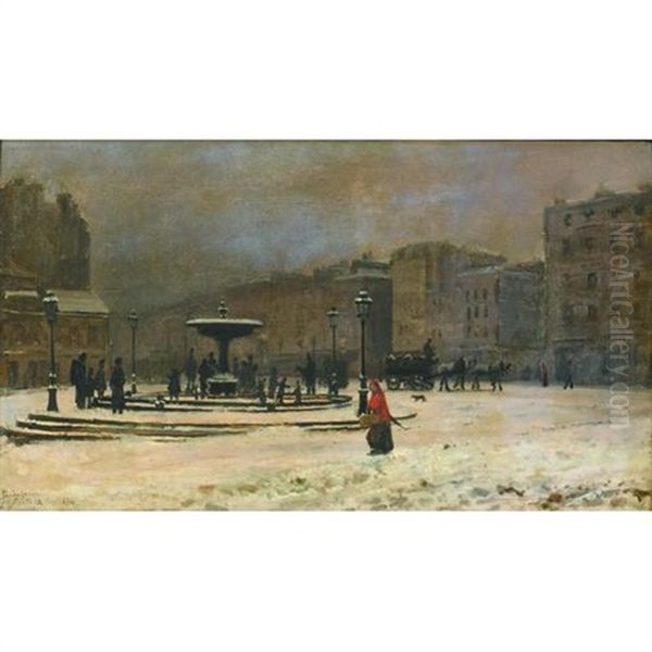 A View Of The Place Pigalle Under Snow Oil Painting by Giuseppe Castiglione