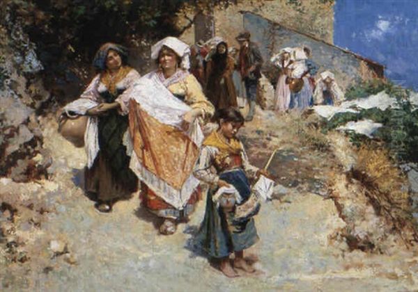 Italian Ladies On A Road Oil Painting by Giuseppe Castiglione