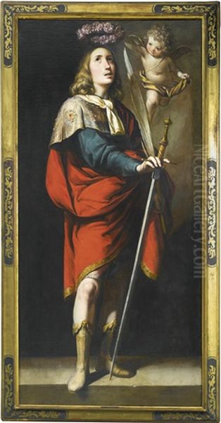 Saint Acisclus Holding A Sword And A Martyr's Palm, Crowned By A Putti; Saint Victoria, Holding An Arrow And A Martyr's Palm, Crowned By A Putti (pair) Oil Painting by Antonio Del Castillo Y Saavedra