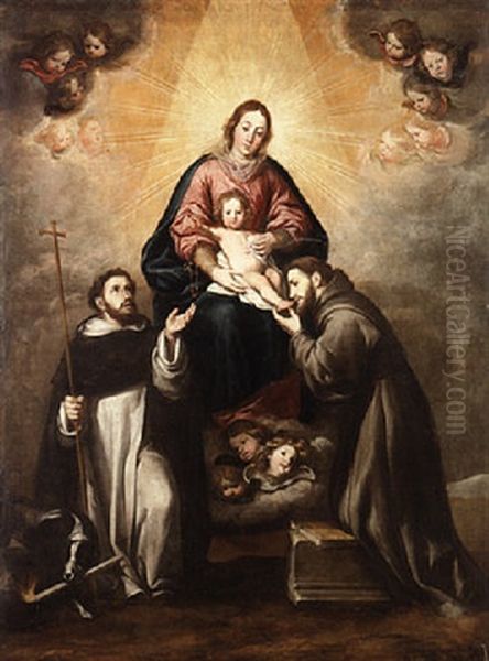 The Virgin And Child Appearing To Saints Francis And Dominic Oil Painting by Antonio Del Castillo Y Saavedra