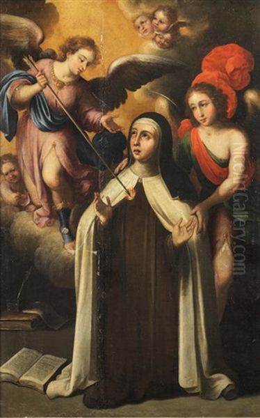 Saint Teresa Of Avila With Two Angels Oil Painting by Juan Del Castillo