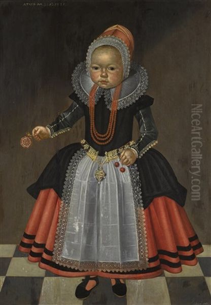 Portrait Of A One-year-old Child, Full-length, Holding Cherries And A Flower Oil Painting by Aggeus Johannes Castlanis