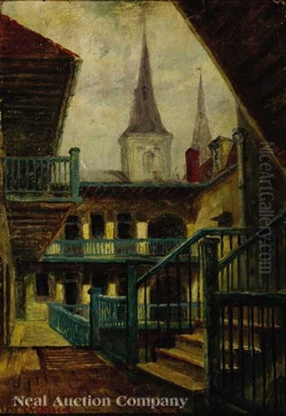 Cabildo Courtyard With The St. Louis Cathedral Steeple Oil Painting by George Frederick Castleden