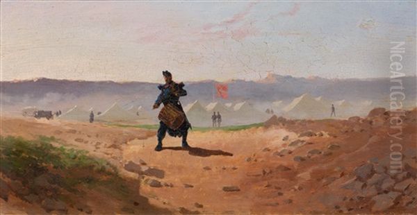 Study Of A Military Tambour Before An Encampment Oil Painting by Edouard Castres