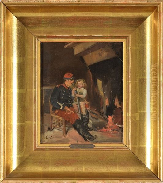 Soldat Et Sa Fille Aupres Du Feu Oil Painting by Edouard Castres