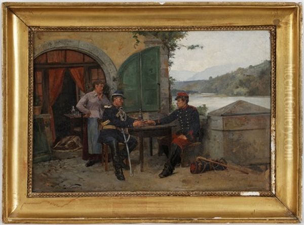 Scene D'auberge Avec Deux Militaires Oil Painting by Edouard Castres