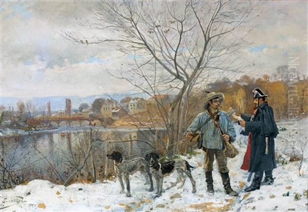 Gendarme Et Braconnier Devant L'arve Et Le Pont De Carouge Oil Painting by Edouard Castres