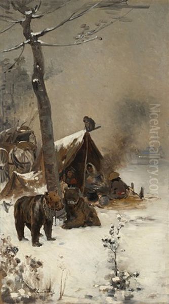 A Circus Family Camping In The Snow Oil Painting by Edouard Castres