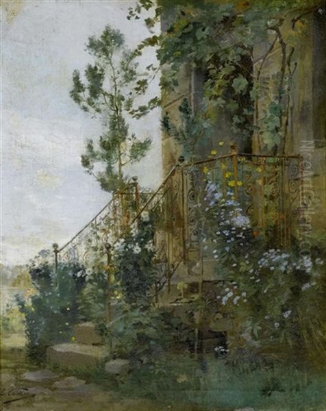 Blick Auf Einen Blumenuberwachsenen Treppenaufgang Oil Painting by Edouard Castres