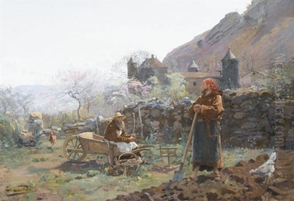 Zwei Franziskaner Bei Der Gartenarbeit Im Fruhling Oil Painting by Edouard Castres