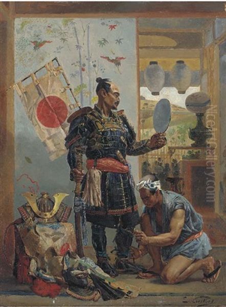 Japanese Samurai Warrior Preparing For Battle Oil Painting by Edouard Castres