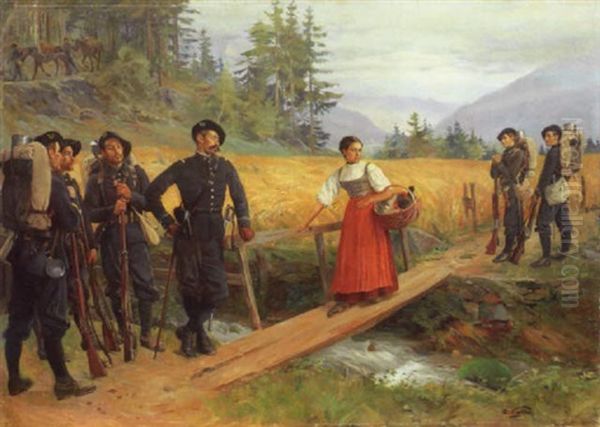 Chasseurs Alpins Und Das Bauernmadchen Mit Huhnern Am Holzsteg Oil Painting by Edouard Castres