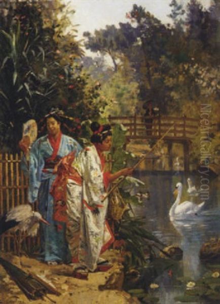 Beijins Fishing In An Ornamental Pond Oil Painting by Edouard Castres