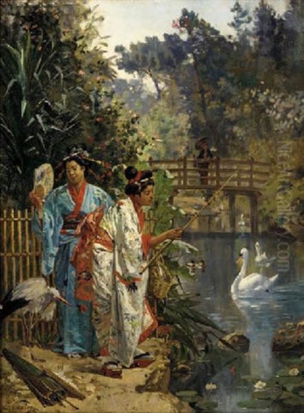 Beijins Fishing In An Ornamental Pond Oil Painting by Edouard Castres