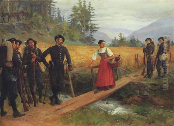 Chasseurs Alpins Und Das Bauernmadchen Mit Huhnern Am Holzsteg Oil Painting by Edouard Castres