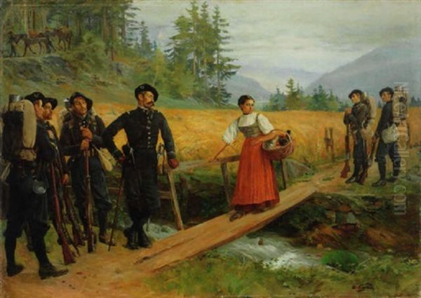 Chasseurs Alpins Und Das Bauernmadchens Mit Huhnern Am Holzsteg Oil Painting by Edouard Castres