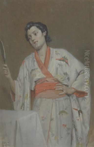 Dame In Kimono Oil Painting by Edouard Castres