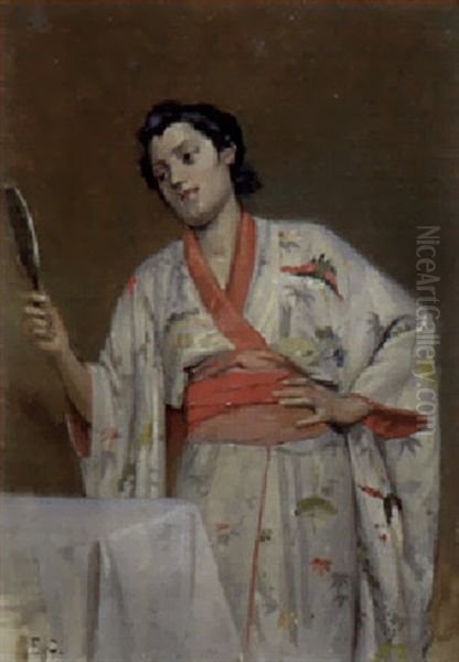 Dame In Kimono Oil Painting by Edouard Castres