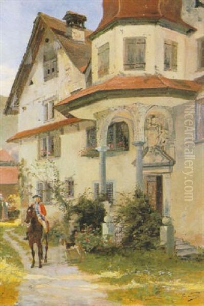 Berittener Soldat Vor Einem Herrschaftshaus Oil Painting by Edouard Castres