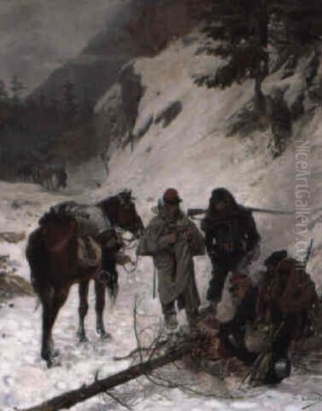 Winterlandschaft Mit Rastenden Soldaten Oil Painting by Edouard Castres