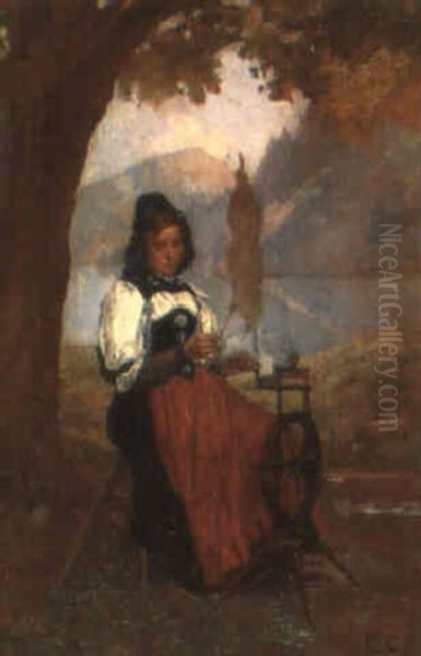 Frau Am Spinnrad Oil Painting by Edouard Castres