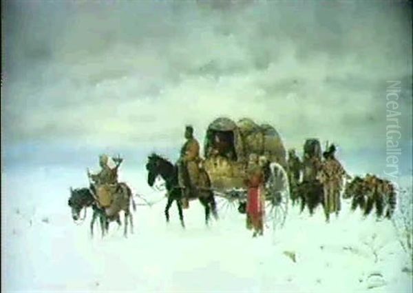 Russiche Zirkusfamilie Mit Pferdewagen Im Schnee Oil Painting by Edouard Castres