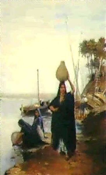 Arabische Frauen Beim Wasserholen Am Fluss Oil Painting by Edouard Castres