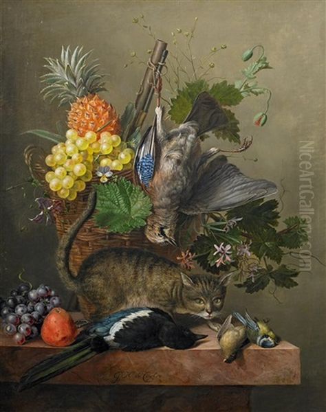 Jagdstillleben Mit Einer Katze Vor Einem Fruchtekorb Und Erlegten Singvogeln Oil Painting by Gabriel Henriques De Castro