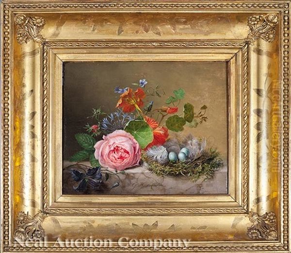 Still Life With Flowers And Bird's Nest With Eggs Oil Painting by Gabriel Henriques De Castro