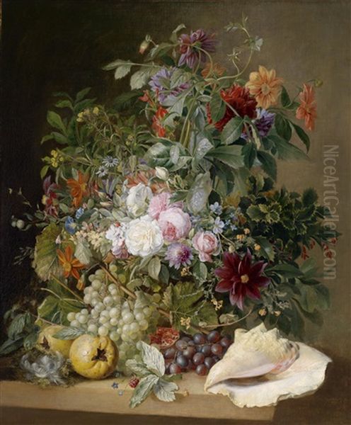 Groses Dekoratives Blumenstillleben Mit Vogelnest, Grantapfeln Und Muschel Oil Painting by Gabriel Henriques De Castro