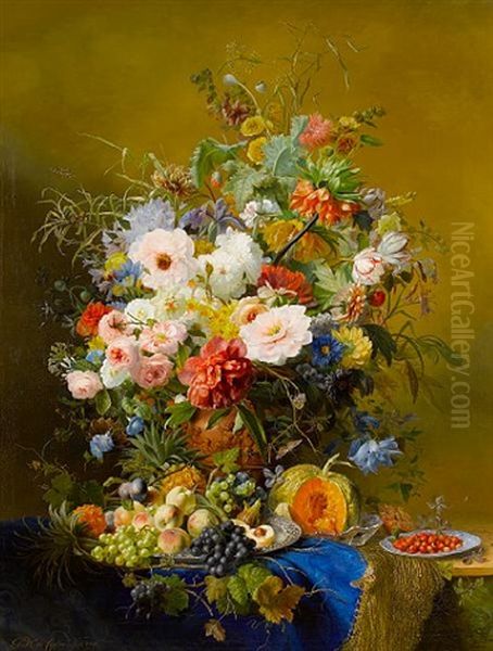 A Still Life Of Peonies, Roses, Poppies, Tulips And Other Flowers With Mixed Fruits On A Marble Ledge With A Blue Cloth Oil Painting by Gabriel Henriques De Castro